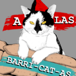 A drawing of my black and white cat as she perches atop a sandbag barricade and wears a red and black CNT hat. "A Las Barri-cat-as!"