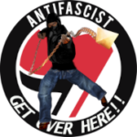 Skorpion (from Mortal Kombat) is set in front of an antifa logo wearing black bloc and throwing his chain attack. the bottom text of the logo says "GET OVER HERE!!"