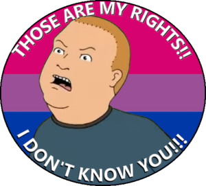 Bobby Hill yells at an attacker "THOSE ARE MY RIGHTS!! I DON'T KNOW YOU!!!" Behind him is the bisexual pride flag