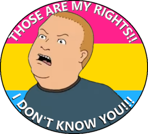 Bobby Hill yells at an attacker "THOSE ARE MY RIGHTS!! I DON'T KNOW YOU!!!" Behind him is the pansexual pride flag