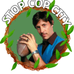 "STOP COP CITY" Uncle Rico from Napoleon Dynamite is framed with a wreath.