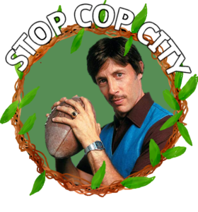 "STOP COP CITY" Uncle Rico from Napoleon Dynamite is framed with a wreath.