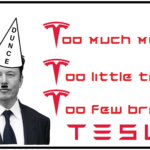 Greyscale Elon Musk wearing a dunce cap and a hitler stache. "Too much money Too little taste Too few brains" the beginning 'T' on each line is the tesla logo