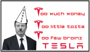 Greyscale Elon Musk wearing a dunce cap and a hitler stache. "Too much money Too little taste Too few brains" the beginning 'T' on each line is the tesla logo