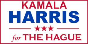 Looks like a normal Kamala Harris bumper sticker but instead of saying "for president" it says "for the Hague"